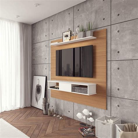 modern floating TV shelf with wall board and multiple shelves white ...