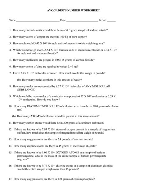 AVOGADRO'S NUMBER WORKSHEET