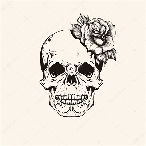 Hand drawn sketch scull with rose tattoo line art. Vintage vecto — Stock Vector © i_panki #80310044