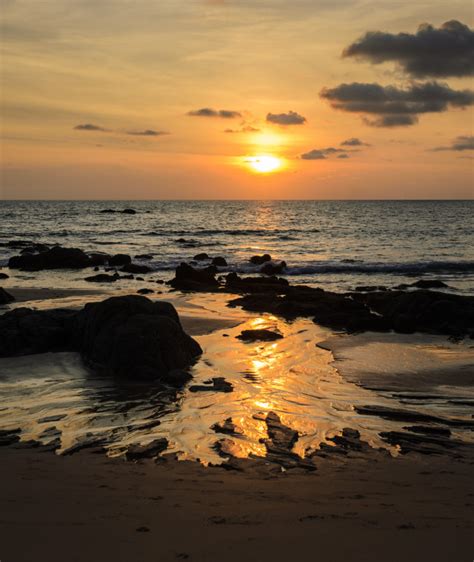 Premium Photo | Rock beach sunset with golden skyline