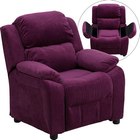 Deluxe Padded Contemporary Purple Microfiber Kids Recliner with Storage Arms