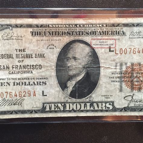 1929 Federal Reserve Note $10 National Currency San Francisco Ca