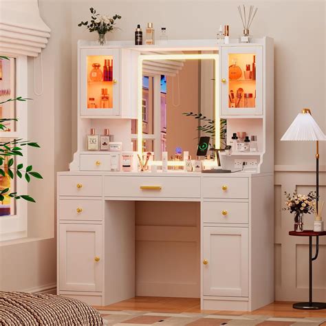 White Makeup Vanity Desk with Mirror and Lights, Large Vanity Table Set ...