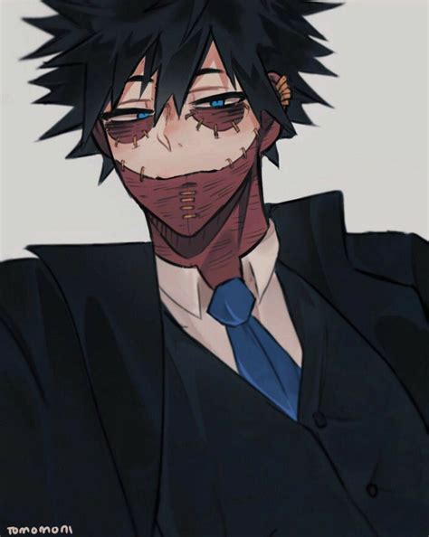 an anime character with black hair wearing a suit and blue tie, staring ...