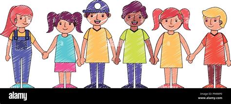 group little childrens holding hands vector illustration drawing Stock Vector Image & Art - Alamy