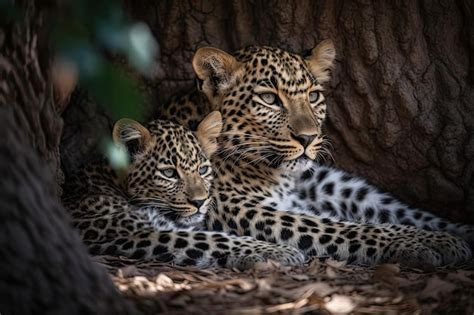 Premium AI Image | Two leopard cubs laying next to a tree