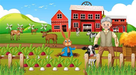 Farm at daytime scene with old farmer man and farm animals 2593915 ...