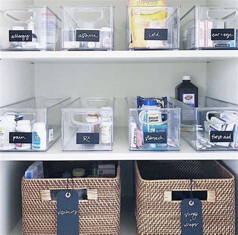 the shelves are organized with clear containers and labels