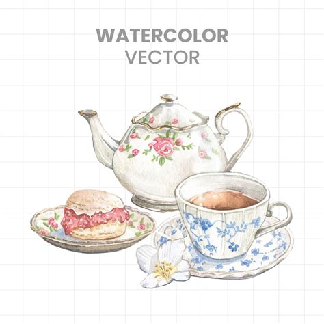 watercolor tea set with teapot, cup and saucer 27792046 Vector Art at ...