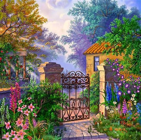 1920x1080px, 1080P free download | Iron Gate Garden, painting, gate, garden, iron, HD wallpaper ...
