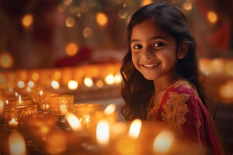 Premium AI Image | indian little girl is holding the diyas lamp and watching the amazing diyas ...
