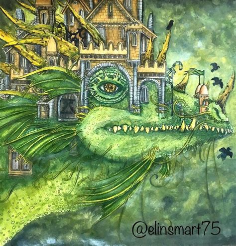 a painting of a green dragon with houses in the background