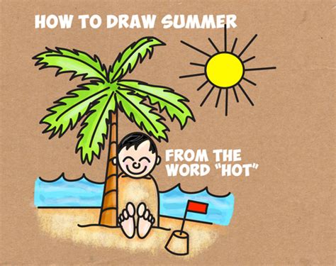 How to Draw a Cartoon Summer Beach Scene from the Word Hot - Easy Drawing Tutorial for Kids ...