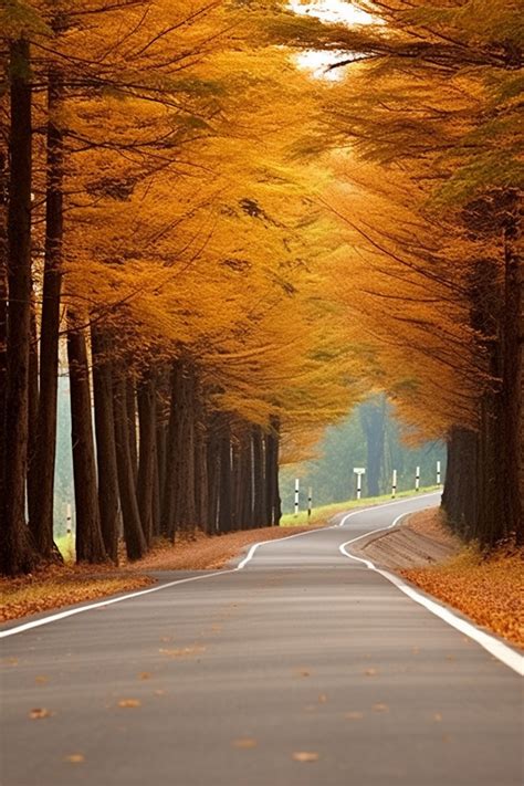 A Road Lined With Trees On An Autumn Landscape Background Wallpaper ...