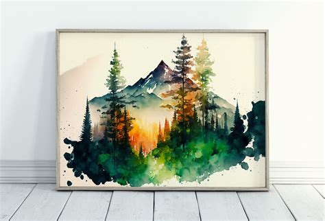 Colorful Forest & Mountain Watercolor Painting. Forest Trees - Etsy