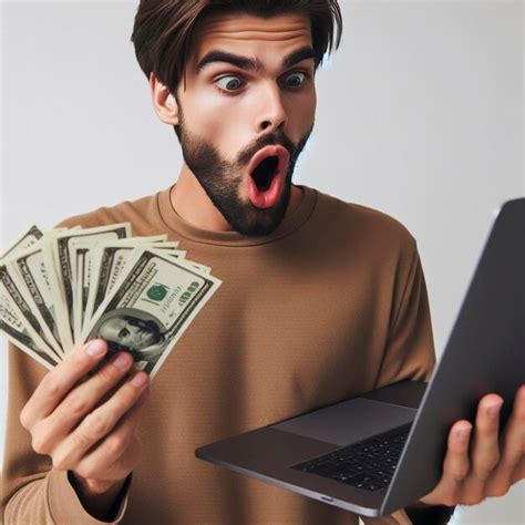 Premium Photo | Photo shocked young man holding money using laptop computer