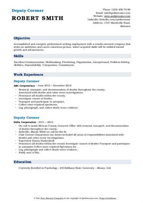 Deputy Coroner Resume Samples | QwikResume