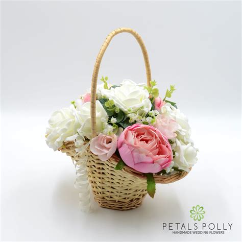 Pastel Pink Peony & Ivory Rose Flower Girl Basket