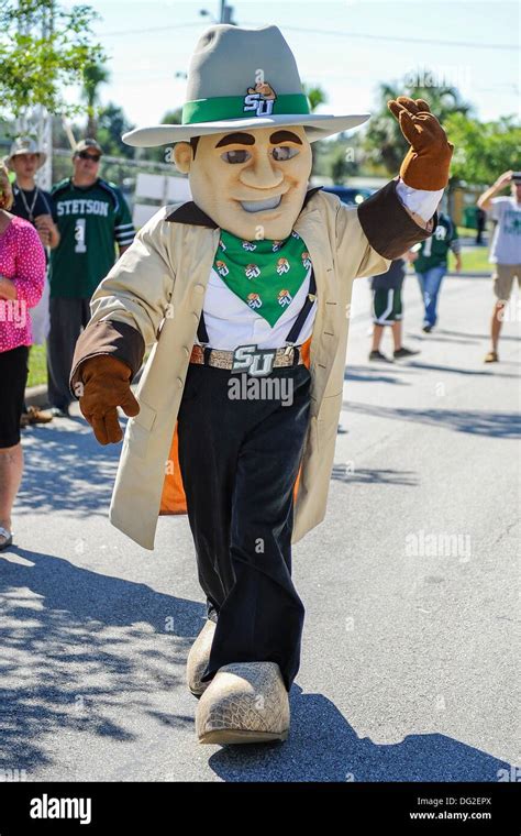 DeLand, Florida, USA. 12th Oct, 2013. Stetson Mascot John B enters Hatter Village before the ...