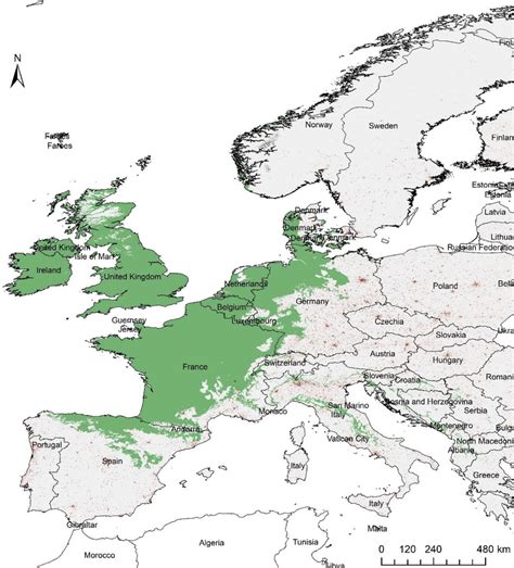 Map of the Cfb climate zones in Europe (i.e., temperate climate with ...