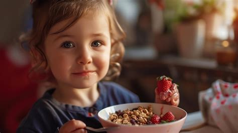 Premium Photo | Child eating acai in bowl with crunchy granola and fresh fruits smearing himself ...