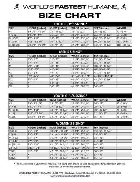 Sizing Chart - Rolesville Lightning Track and Field Club