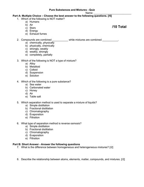 Pure Substances and Mixtures - Quiz | Science 7th Grade