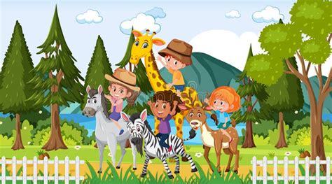 Zoo Scene with Many Kids Playing with Zoo Animals Stock Vector - Illustration of giraffe, person ...