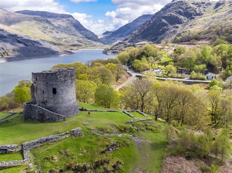 Aerial of Dolbadarn Castle at Llanberis in Snowdonia National Park in ...