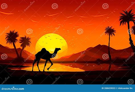 Camels in the Desert at Sunset. Silhouette Art Style Design. Generative Ai Illustration Stock ...