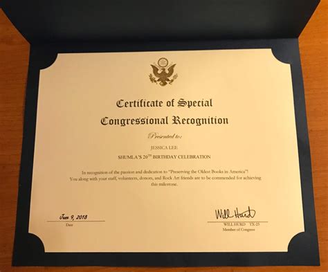 Congressional Recognition Certificate - Shumla