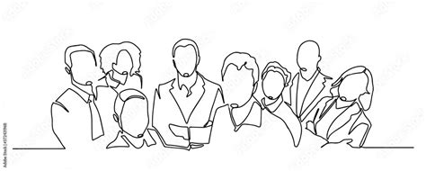 continuous drawing of a business team standing together. continuous line drawing of a diverse ...