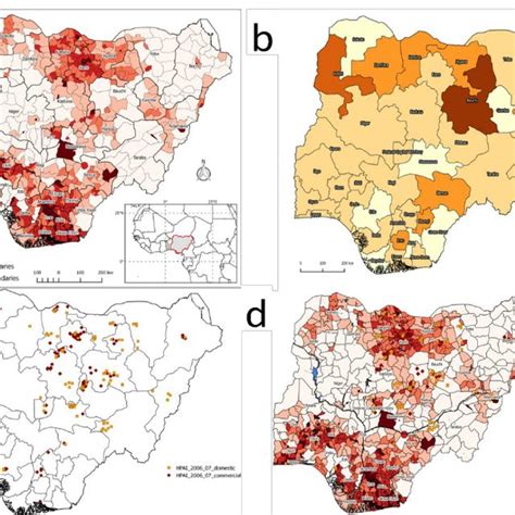 a: Human population density map of Nigeria, 2006; b: Poultry population ...