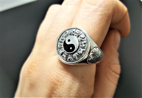 925 Sterling Silver Yin Yang Chinese Horoscope Zodiac Spinning Signet Ring Meditation Spinner ...