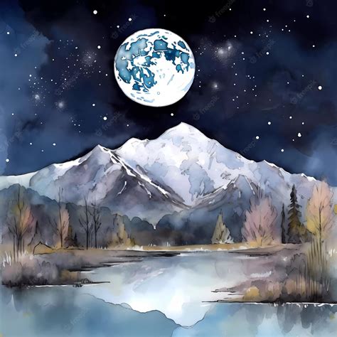 Premium Photo | Watercolor landscape with moon trees and mountains