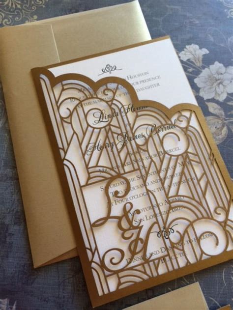 Laser Cut Wedding Invitations, Monogram Art Deco Pocket Invitations, Roaring 20s Custom ...