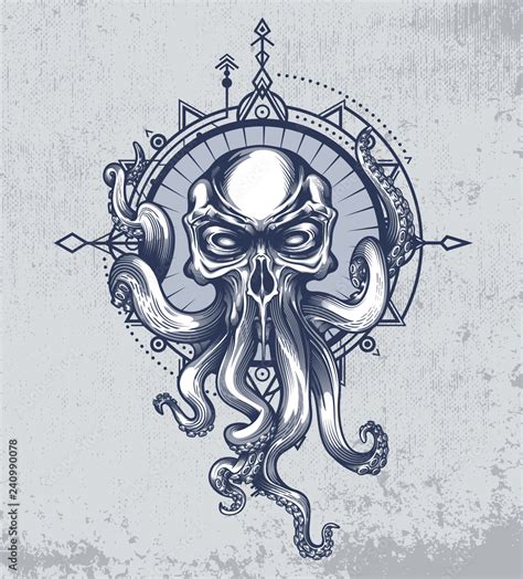 The Kraken creature with skull head on grunge background and wind rose ...