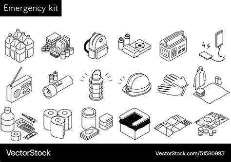 Simple line drawing of emergency kit isometric set