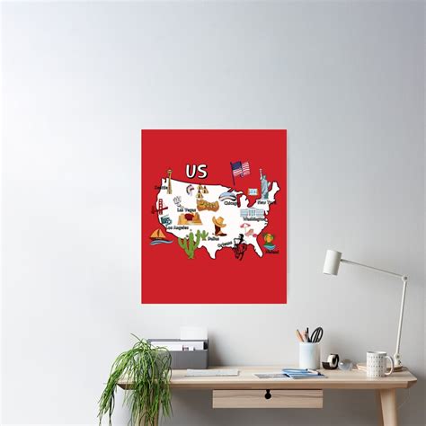 "USA map US map major cities names United states America national symbols and landmarks" Poster ...