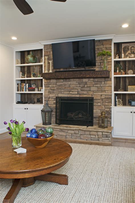 Stacked Stone Fireplace | Fireplace shelves, Fireplace built ins ...