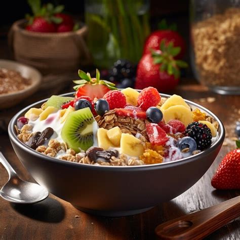 Premium AI Image | there is a bowl of cereal with fruit and yogurt on the side generative ai