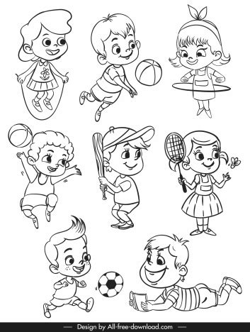 Childhood icons activities sketch black white handdrawn cartoon vectors stock in format for free ...