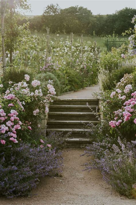 an outdoor garden with flowers and steps leading up to it