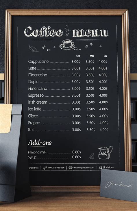 a coffee menu on a blackboard next to a cup of coffee and a sign