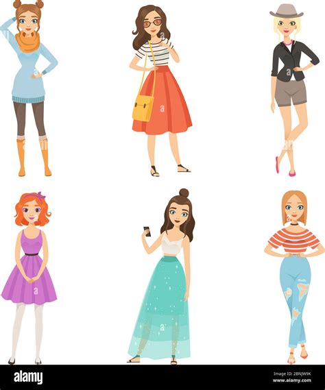 Fashionable girls. Cartoon female characters in various fashion poses ...