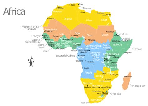 Africa map with countries, main cities and capitals - Template | Design ...