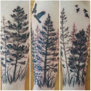 Pine trees/crows forearm tattoo | Fresh ink, pine trees from… | Flickr