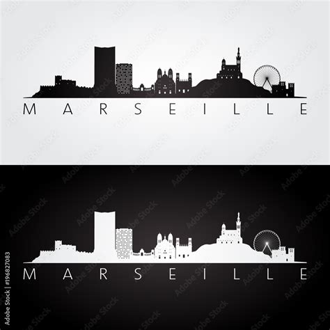 Marseille skyline and landmarks silhouette, black and white design ...