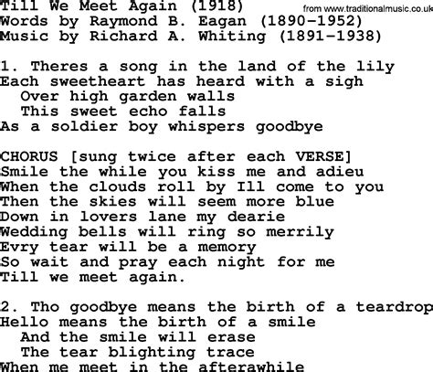 World War One(WW1)Era Song Lyrics for: Till We Meet Again 1918