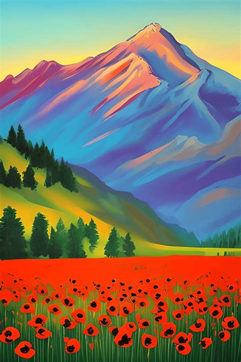 Create a Poppy Field with a Mountain Sunset · Creative Fabrica